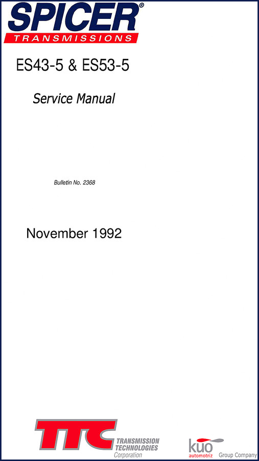 Dana Spicer ES43-5 ES53-5 1992 Service Manual cover showing transmission cutaway