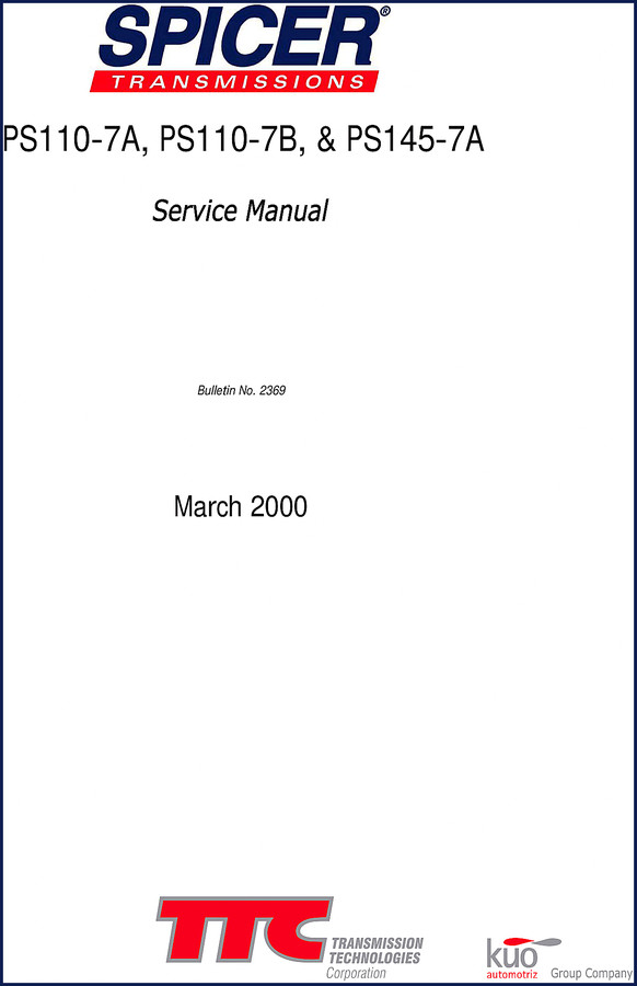 Dana Spicer PS110-7A, PS110-7B, PS145-7A 2000 Service Manual cover showing Spicer transmissions logo and bulletin number 2369