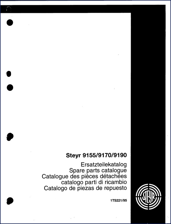 Steyr 9155 9170 9190 factory parts catalog cover showing multilingual title
