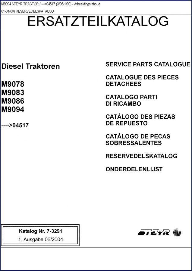 Steyr M9078 M9086 M9094 Parts Catalog 2005 cover page