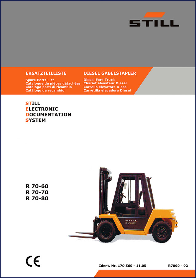 Still R 70-60, R 70-70, R 70-80 1992 Parts Catalog cover page showing forklift and model numbers
