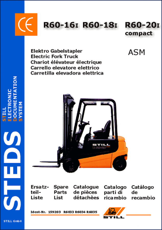 Still R60-16I, R60-18I, R60-20I parts catalog cover showing electric forklift and OEM document details