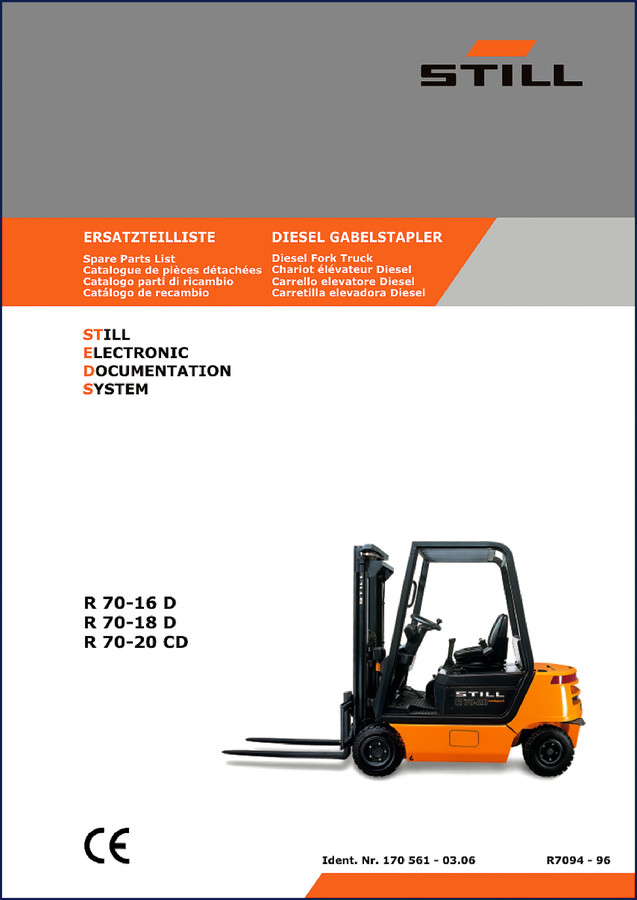 Still R70-16 D parts catalog cover showing diesel forklift model and OEM documentation
