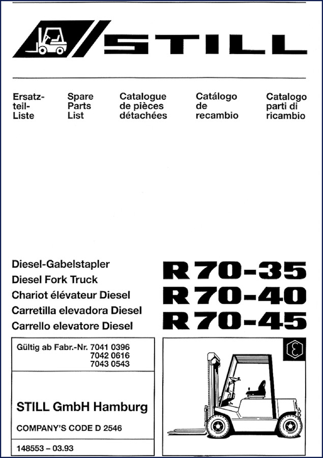 Still R70-35 R70-40 R70-45 1993 Parts Catalog cover - OEM factory spare parts list for diesel forklift