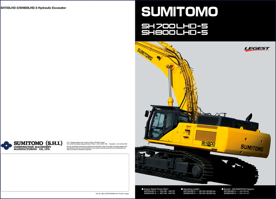 Hitachi Sumitomo SH700LHD-5 and SH800LHD-5 factory technical manual cover showing excavator side view