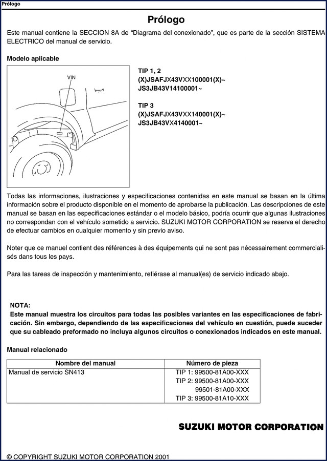 Suzuki SN413 2001 Electrical Schematic factory manual cover showing wiring diagrams