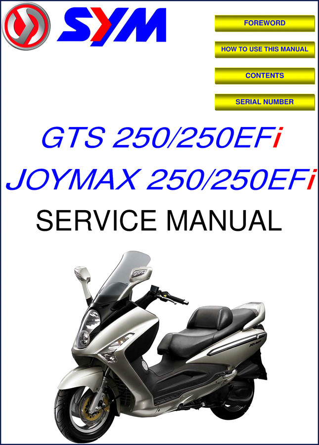 SYM GTS 250 EFI service manual cover showing GTS 250 and JOYMAX 250 models, factory OEM repair PDF