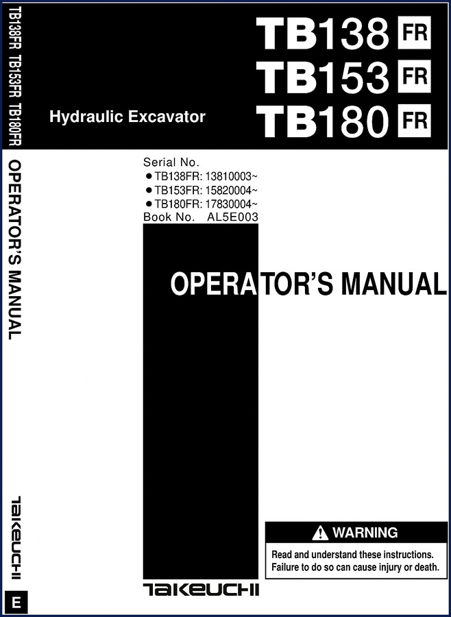 Takeuchi TB138 TB153 TB180 Operators Manual cover page