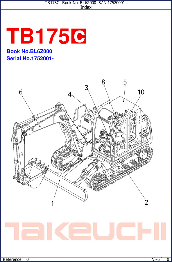 Takeuchi TB175C Parts Catalog cover showing excavator and manual title