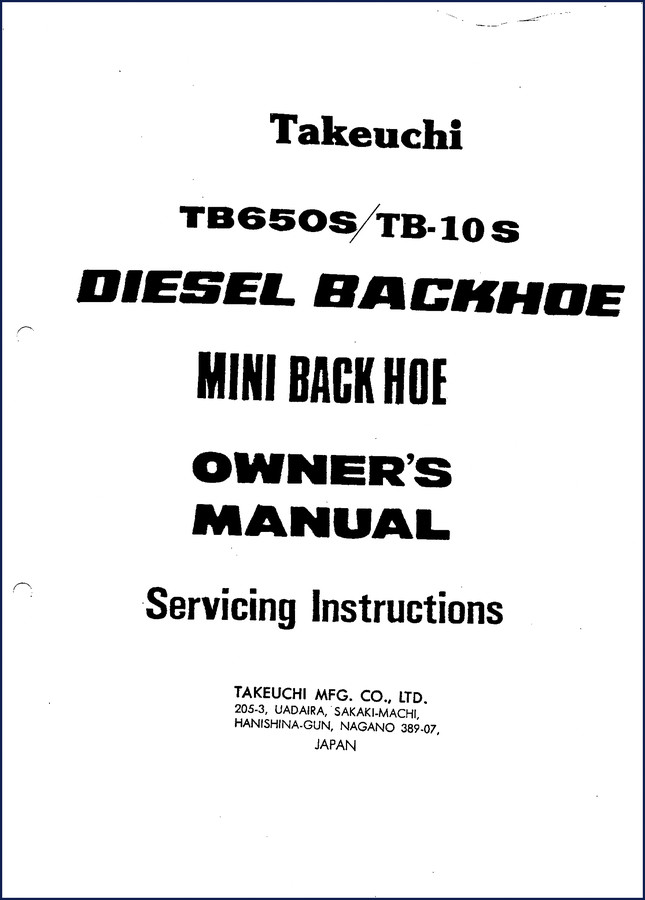 Takeuchi TB650S, TB-10S Operators Manual front cover showing diesel backhoe on job site