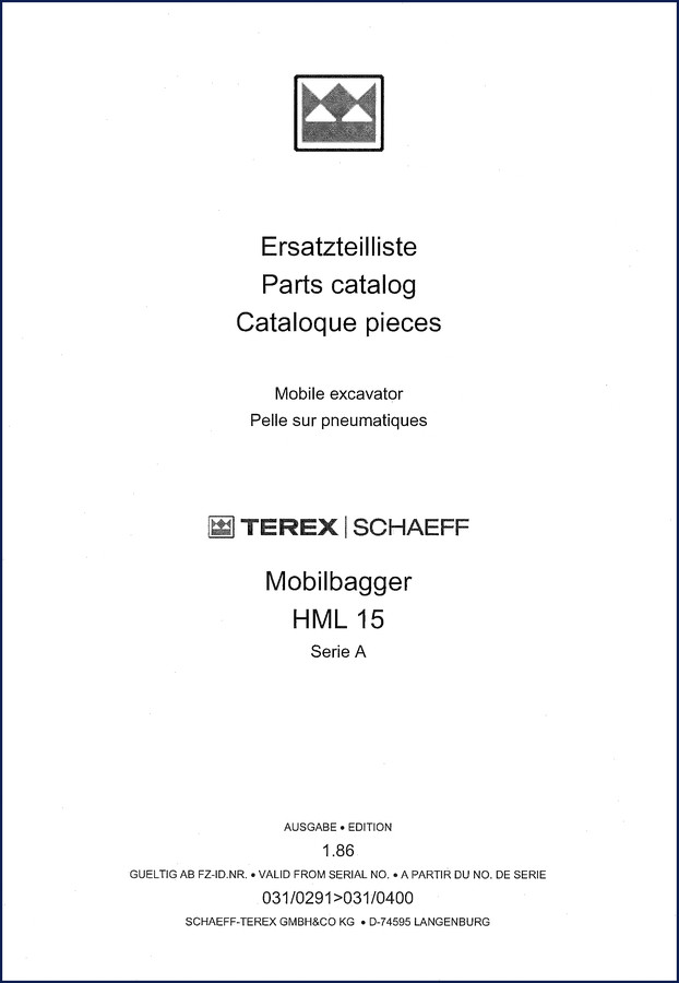 Terex Schaeff HML 15 Parts Catalog cover showing mobile excavator, 238 pages OEM