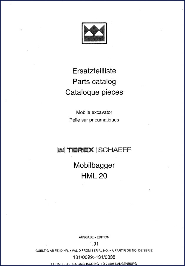 Terex Schaeff HML 20 1991 Parts Catalog cover showing mobile excavator and title