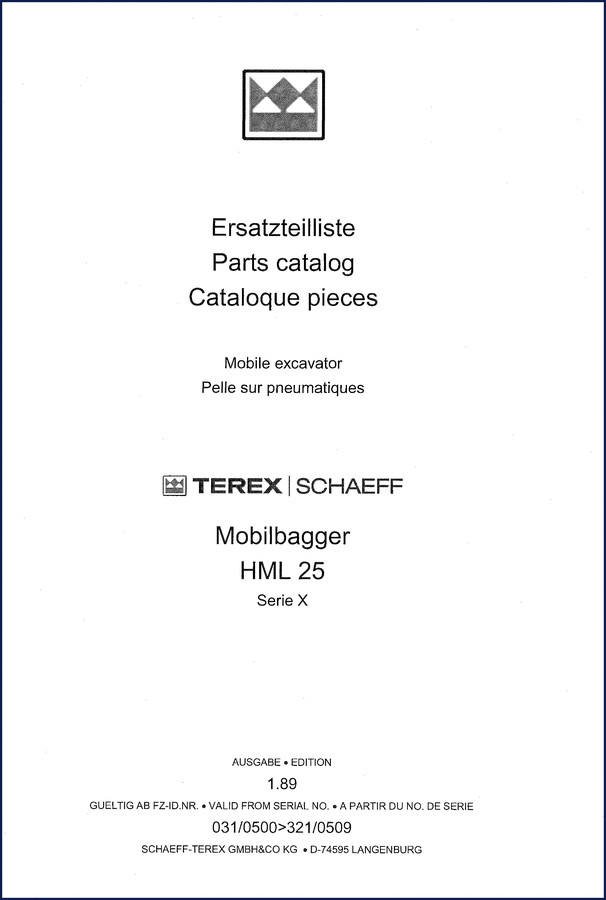 1989 Terex Schaeff HML 25 Parts Catalog cover showing mobile excavator