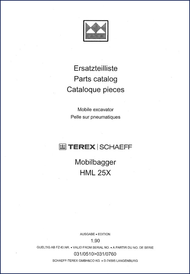 Terex Schaeff HML 25X 1990 Parts Catalog front cover