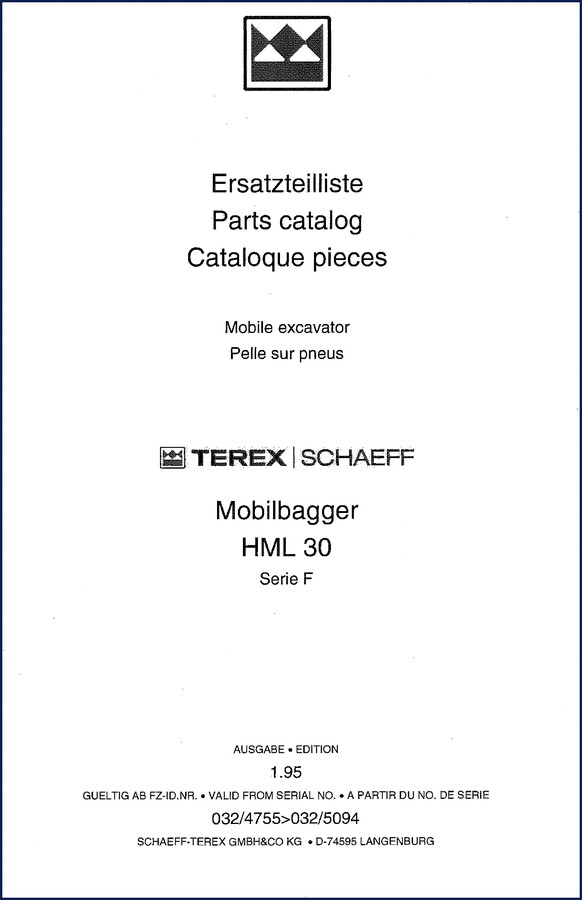 Terex Schaeff HML 30 Parts Catalog cover showing mobile excavator and part diagrams