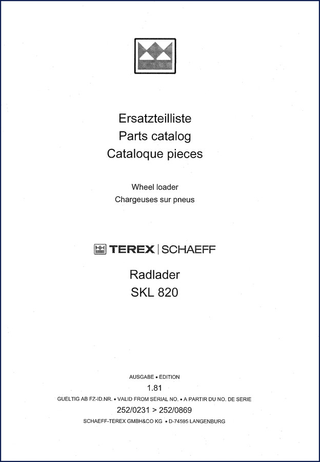 Terex Schaeff SKL 820 1985 parts catalog cover showing wheel loader and part number index