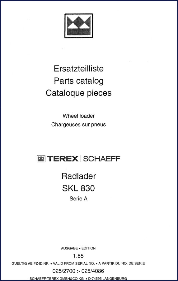Terex Schaeff SKL 830 1985 Parts Catalog cover page