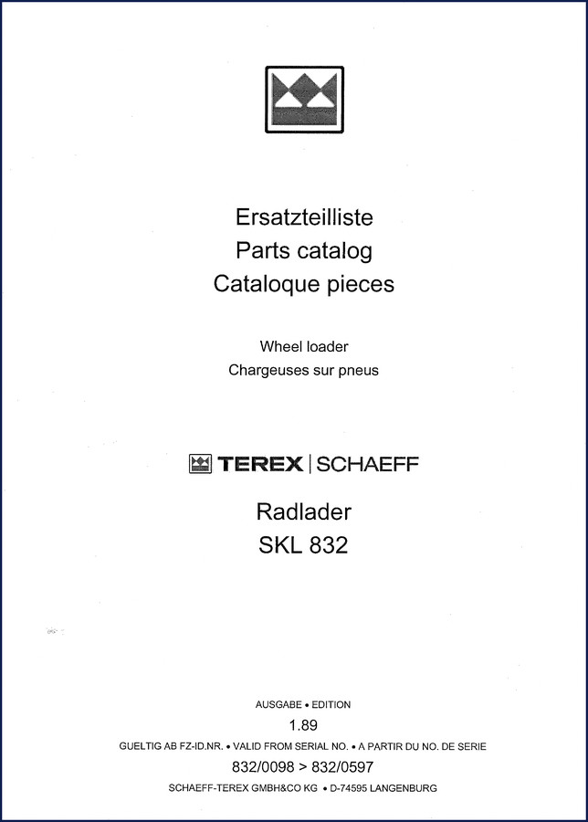 Terex Schaeff SKL 832 1989 Parts Catalog cover page