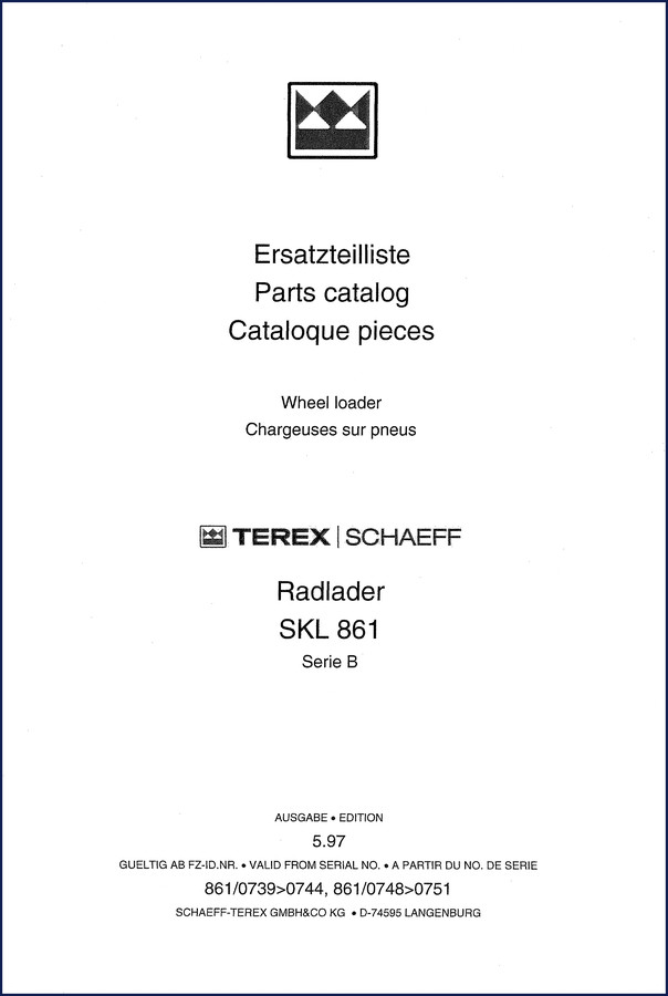 Terex Schaeff SKL 861 1997 Parts Catalog cover showing wheel loader exploded view