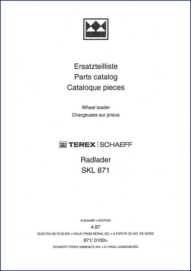 Terex Schaeff SKL 871 1997 Parts Catalog cover with wheel loader diagram
