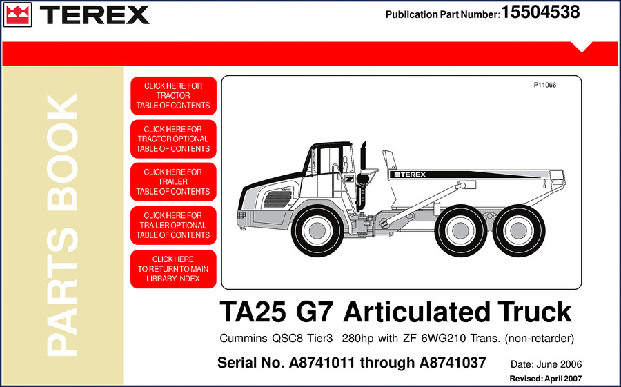 Terex TA25 G7 2006 Parts Catalog cover page showing articulated truck and manual title