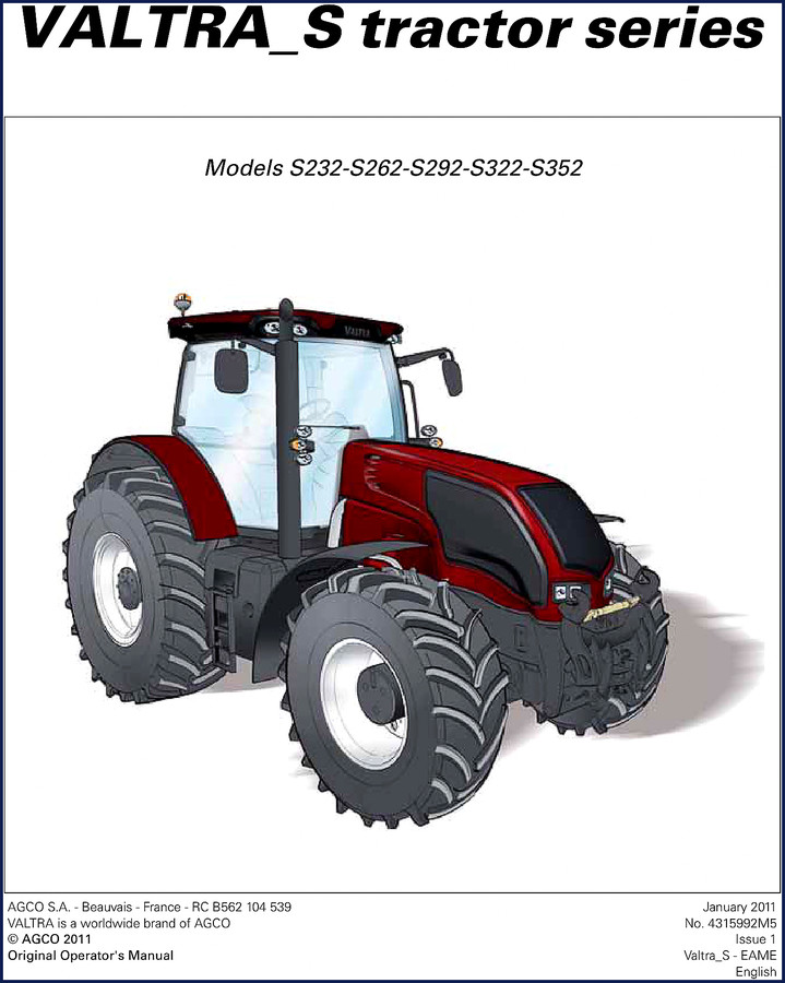 Valtra S232 S262 S292 S322 S352 2011 Operators Manual cover page
