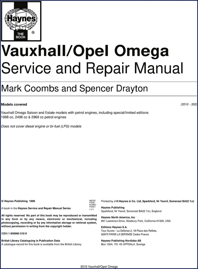 Vauxhall Omega 1999 Repair Manual cover showing Haynes manual for Omega models