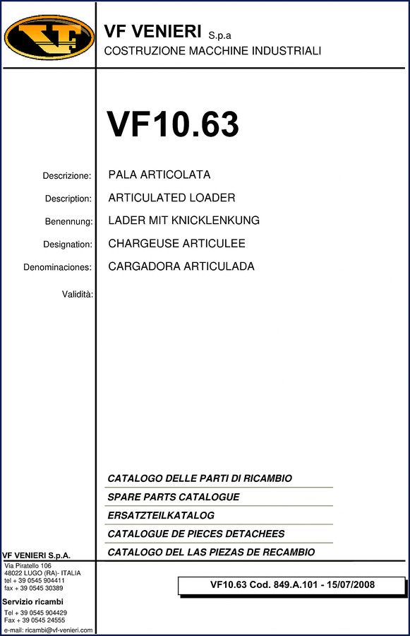 VF Venieri VF10.63 2008 OEM spare parts catalog cover page with articulated loader illustration