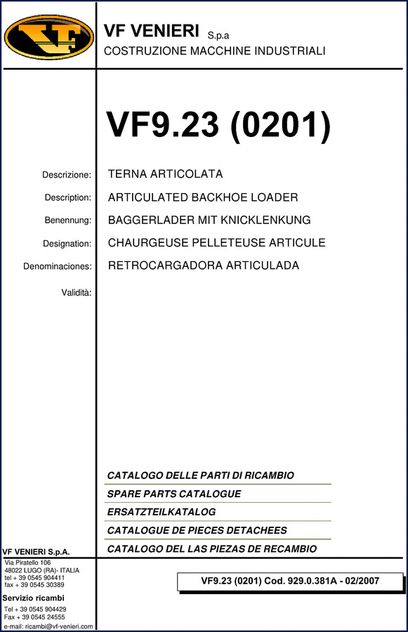 VF Venieri VF9.23 2007 Parts Catalog cover page showing articulated backhoe loader