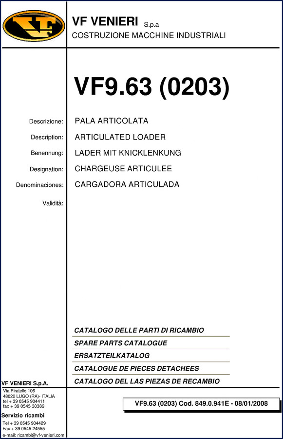 VF Venieri VF9.63 2008 Parts Catalog cover page showing articulated loader