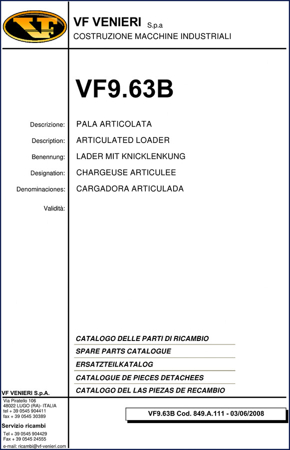 VF Venieri VF9.63B 2008 Parts Catalog cover - factory OEM parts manual for articulated loader