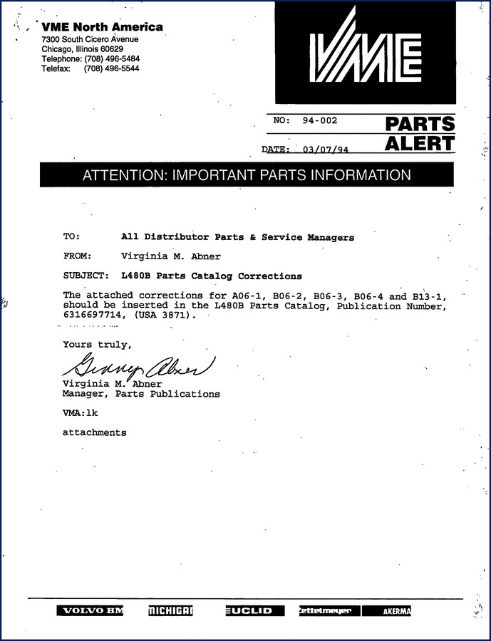 VME L480B 1994 Factory Parts Catalog cover showing axle and wheel loader