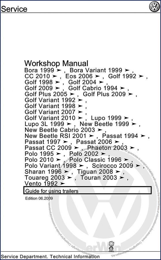 VW Bora CC Eos Golf 2009 factory trailer service manual cover