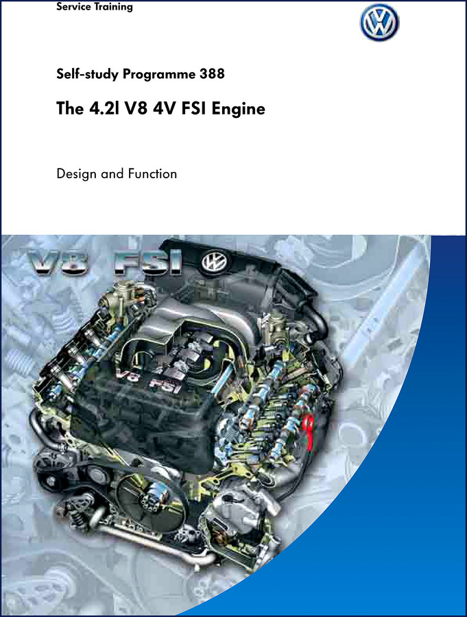 Volkswagen Group 4.2L V8 4V FSI engine training manual cover showing engine cutaway