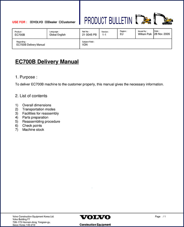 Volvo EC700B 2005 Technical Manual cover showing excavator diagram and OEM logo