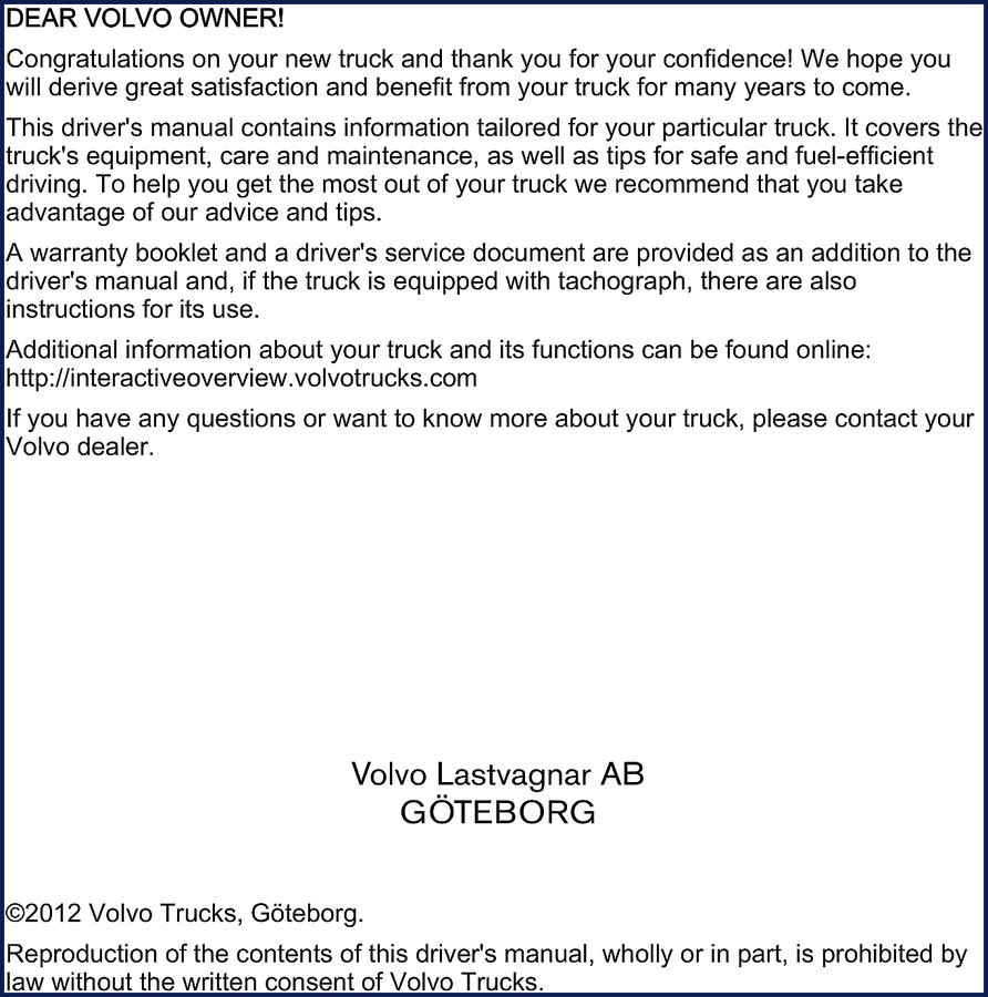 Volvo Trucks Truck 2012 Operators Manual cover page