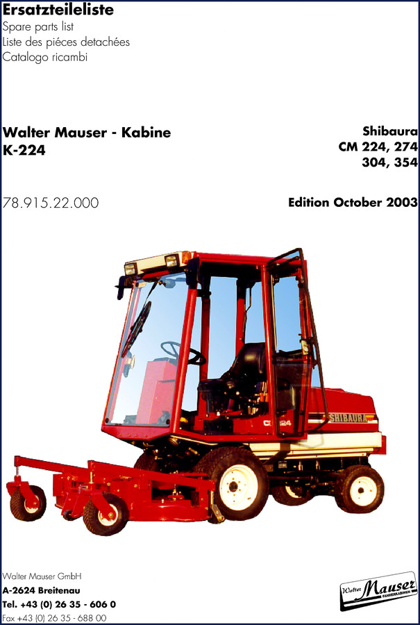 Walter Mauser CM 224 tractor cab parts catalog 2003 cover showing cab line drawing