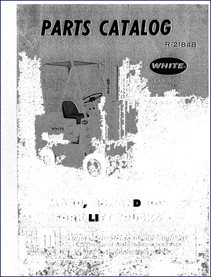 White MA20, A25, A30S forklift parts catalog cover page showing serial number ranges