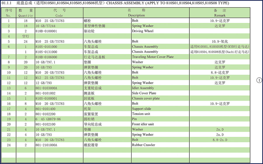 XCMG 810S01 chassis assembly exploded view parts catalog page showing numbered components and table