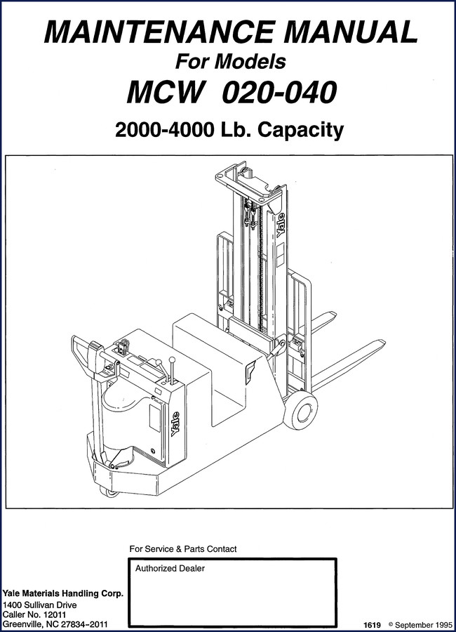 Yale MCW020 MCW040 1995 Service Manual cover – OEM factory document for 2000-4000 lb lift trucks