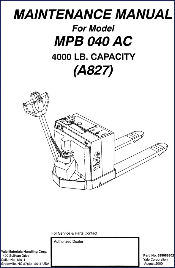 Yale MPB 040 AC service repair manual 2000 cover page showing truck illustration and model designation