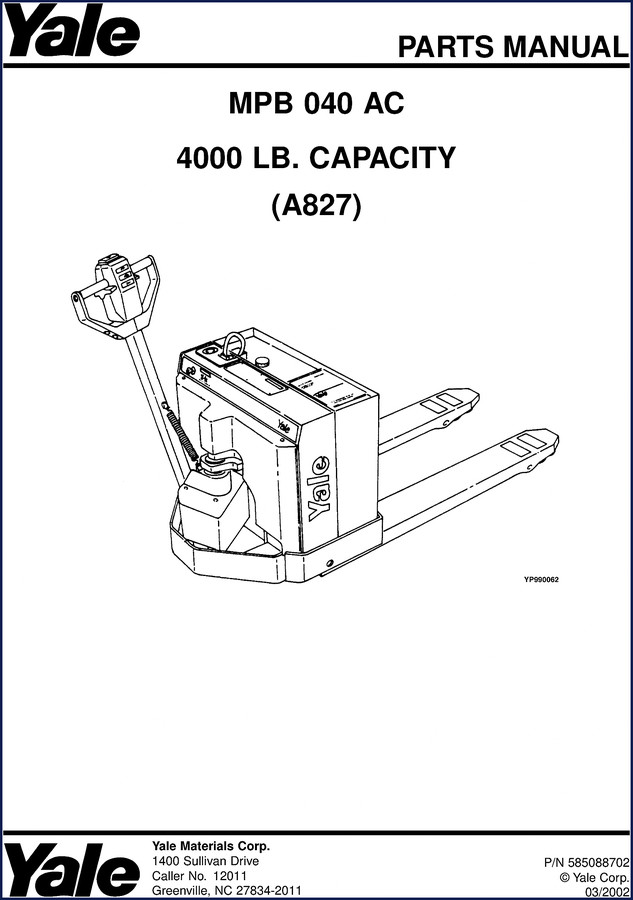 Yale MPB 040 AC 4000 lb capacity parts manual cover page 2002 OEM factory document