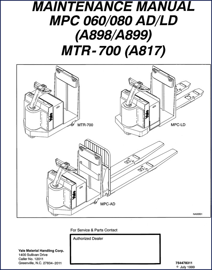 Yale MPC and MTR-700 1999 Service Manual cover showing sections and model codes