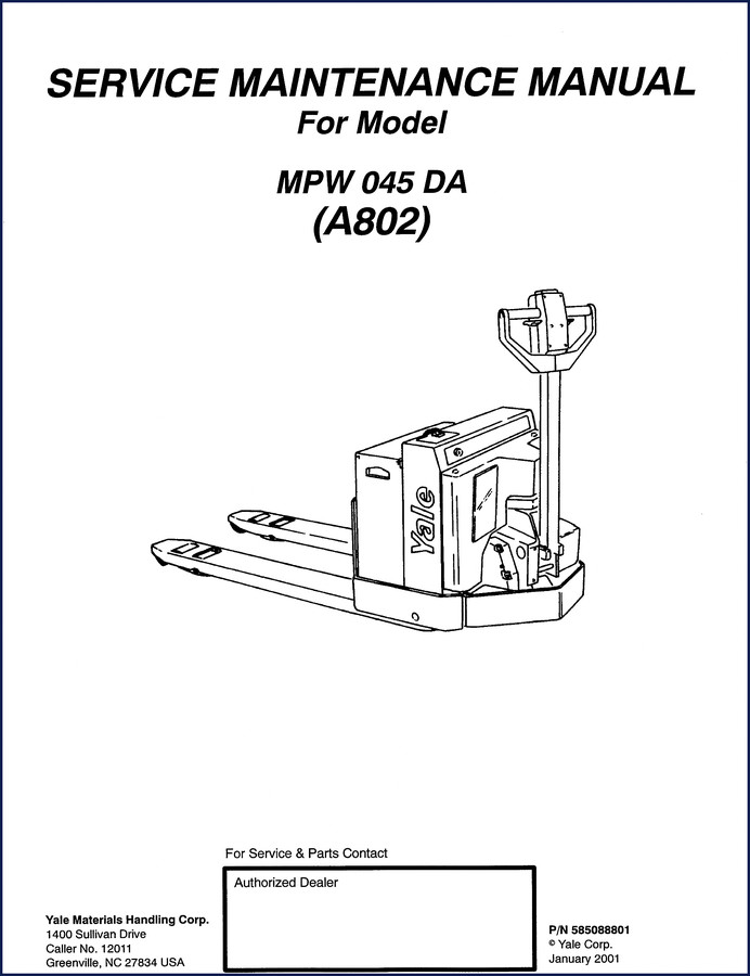 Yale MPW045DA 2001 Service Manual cover page showing model number and publication year