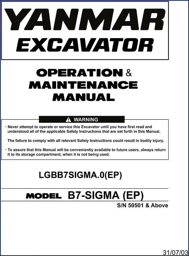 Yanmar B7-SIGMA 2003 Operators Manual cover showing excavator and warning label