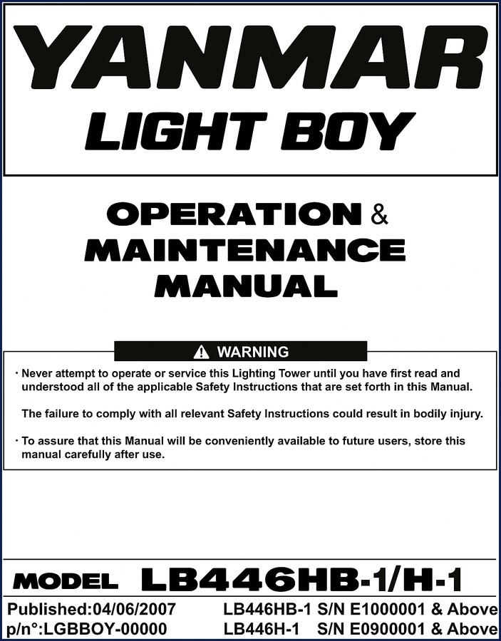 Yanmar LB446HB-1 and LB446H-1 2007 Operators Manual cover showing lighting tower and diesel generator