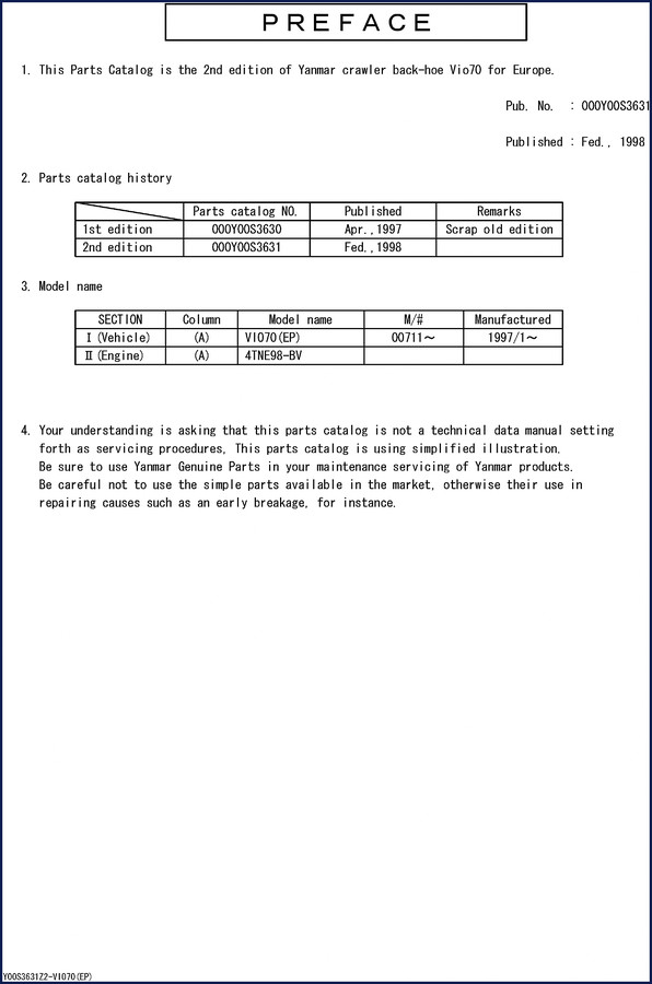 Yanmar V1070 1998 Parts Catalog cover - OEM factory parts catalog for crawler back-hoe, 164 pages, wiring diagram included