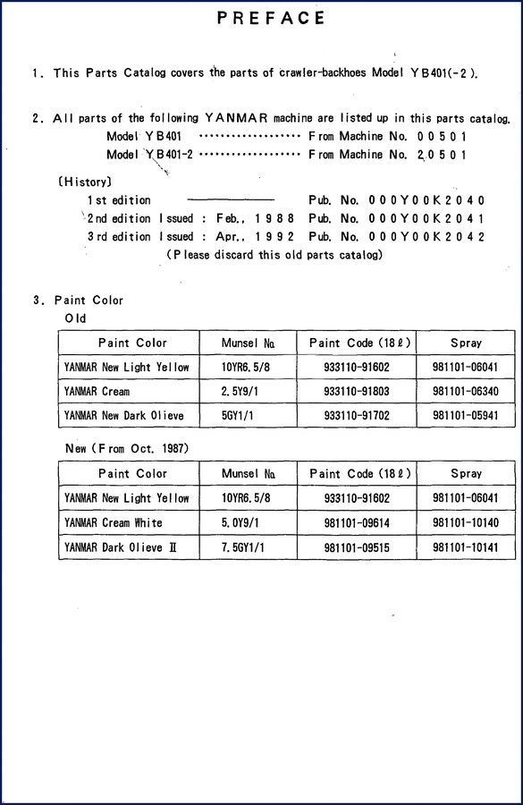 1992 Yanmar YB401 series parts catalog cover showing crawler backhoe