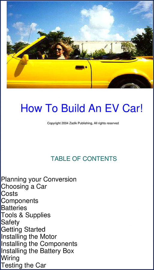 Zadik Publishing 2004 technical manual cover for Nova, GEO, Saturn, Rabbit, MR2 electric vehicle conversion