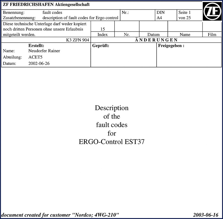 ZF ERGO-Control EST37 2002 Diagnostics Manual - fault codes description page